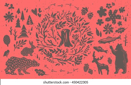 Handsketched elements of northern forest. Hand drawn nordic set. Vector collection of animals, florals, flowers, branches, berries, trees. Bear, deer, fish, rabbit, bird silhouettes.