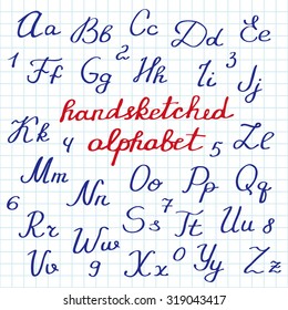 Hand-sketched english alphabet. Hand-drawn cartoon letters. Doodle drawing. Vector illustration
