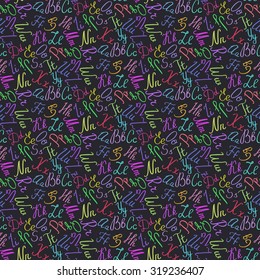 Hand-sketched english alphabet. Seamless pattern with hand-drawn cartoon letters. Swatch inside. Doodle drawing. Vector illustration