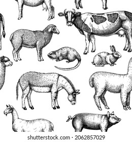 Hand-sketched farm animals background. Cow, lama, donkey, goat, rabbit, sheep, and other vintage animals on white background. Farm seamless pattern for labels, icons, packaging, banners, fabrics