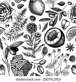 Hand-sketched fruits, herbs, berries, nuts seamless pattern. Natural ingredients and aromatic materials for cosmetics, perfumery, food, and drink. Great for branding, packaging, identity, textile. 