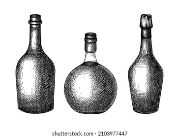 Hand-sketched glass bottles illustrations collection. Vector sketches of alcoholic drinks in glassware. Alcohol beverage bottles hand-drawing isolated on white. For restaurant or bar menu design