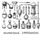Hand-sketched glass equipment collection for perfumery and cosmetics making. Chemicals and alchemy glassware illustration set. Perfume bottles, jars, flasks drawings in engraved style. Vintage drawing