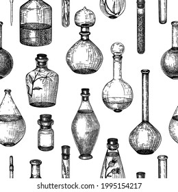Hand  sketched glass equipment collection for perfumery   cosmetics making  Chemicals   alchemy glassware illustration set  Perfume bottles  jars  flasks drawings in engraved style  Vintage drawing