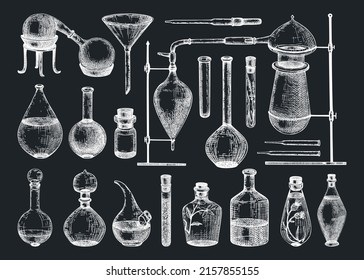 Hand-sketched glass equipment collection for perfumery and cosmetics making. Chemicals and alchemy glassware illustration on chalkboard. Perfume bottles, jars, flasks drawings in engraved style