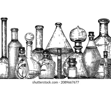 Equipamiento de vidrio con dibujos a mano para perfumería y cosmética. Pancarta de productos químicos y vidrio para alquimia. Botellas perfumadas, tarros, frascos de diseño con grabado. Dibujo vintage sobre fondo blanco