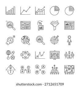 Cuadrícula dibujada a mano de iconos de análisis gráficos de barras y líneas, gráficos circulares, lupas, Filtrar, objetivos