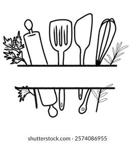 Hand-sketched illustration featuring kitchen utensils such as spatulas, whisk, rolling pin, herbs, and a blank banner for personalized text. Ideal for culinary themes and restaurant branding.