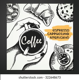 hand-sketched illustration of fresh and tasty breakfast - coffee, croissant, baking.