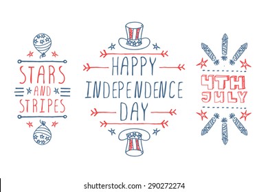 Hand-sketched independence day typographic elements. Stars and stripes. Happy Independence Day. 4th July. Suitable for print and web