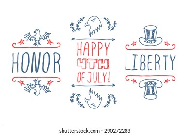 Hand-sketched independence day typographic elements. Happy 4th of July, Honor and Liberty. Suitable for print and web