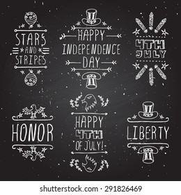 Hand-sketched independence day typographic elements on chalkboard background.  Stars and stripes. Happy Independence Day. Happy 4th of July. Honor and Liberty. 
