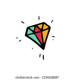 Handsketched ink doodle of shiny diamond. Sketchy cartoon object, decorative element template, concept design. 