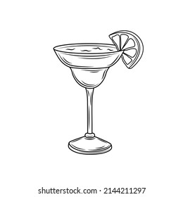 Hand-sketched Margarita cocktail illustration. Vector sketch of alcoholic drink in an elegant glass. A classic cocktail with tequila, orange liqueur, lime juice, salt hand-drawing isolated on white