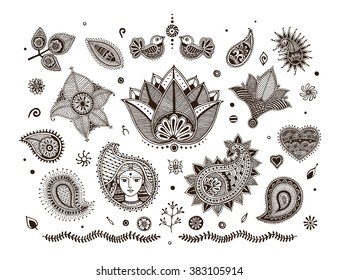 Hand-sketched mehndi elements set. Indian ethnic henna tattoo patterns. Vector. 