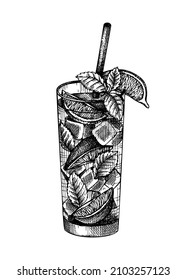 Ilustración de cóctel Mojito esbozada a mano. Esbozo vectorial de la bebida alcohólica en un vaso elegante. Cóctel cubano tradicional con ron blanco, azúcar, jugo de cal, agua de soda y dibujo de menta