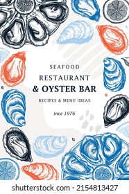 Hand-sketched oysters trendy menu template. Hand-drawn seafood illustrations background. Modern collage with oyster hand-drawings. Mollusks vector card or banner design in sketched style.