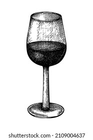 Hand-sketched red wine glass illustration. Vector sketch of the popular Alcoholic drink isolated on white background. Vintage drawing of wine glass for pub, bar, or restaurant menu design. 