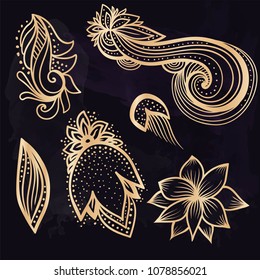 Handsketched set of beautiful mehndi design elements. Henna temporary flash tattoo. Traditional ethnic indian style tribal ornaments. Creative gold paisley doodles vector collection.
