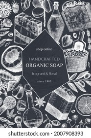 Hand-sketched soap card or invitation design. On chalkboard. Natural ingredients and aromatic materials for cosmetics and perfumery brands. Great for branding, packaging, identity, web banners.