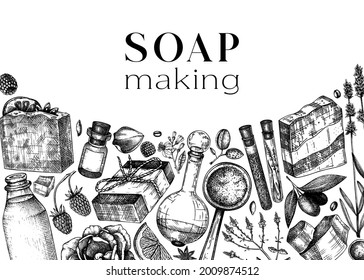 Hand-sketched soap design. Natural ingredients and aromatic materials for cosmetics, perfumery. Great for branding, packaging, identity, web banners. Soap, oils, herbs, fruits, nuts background 