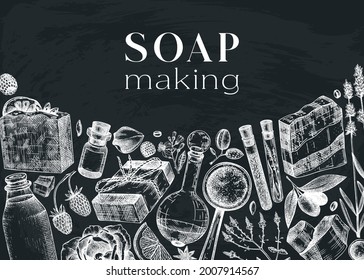 Hand-sketched soap design on a chalkboard. Natural ingredients and aromatic materials for cosmetics, perfumery brands. Great for branding, packaging, identity, web banners. Vintage Soap background 