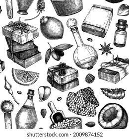 Hand-sketched soap seamless pattern. Natural ingredients and aromatic materials for cosmetics, perfumery. Great for branding, packaging, identity, web banners. Soap, nuts, fruits, spices background 