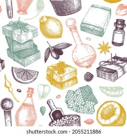 Hand-sketched soap seamless patterns in color. Natural ingredients and aromatic materials background for cosmetics, perfumery, soap. Great for branding, packaging, identity, web banners.