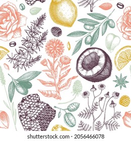 Hand-sketched soap seamless patterns in color. Natural ingredients and aromatic materials background for cosmetics, perfumery, soap. Great for branding, packaging, identity, web banners.