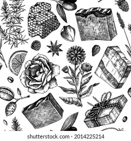 Hand-sketched soap seamless patterns. Natural ingredients and aromatic materials background for cosmetics, perfumery, soap. Great for branding, packaging, identity, web banners. Soap backdrop. 