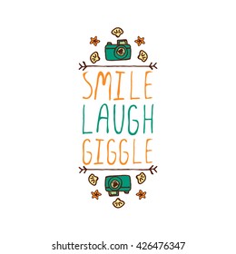 Hand-sketched summer element with camera, shell and starfish on white background. Text - Smile, laugh, giggle
