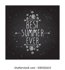 Hand-sketched summer element with camera, shell and starfish on blackboard background. Text - Best summer ever