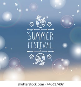 Hand-sketched summer element with coconut cocktail and flowers on blurred background. Text - Summer festival
