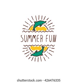 Hand-sketched summer element with dolphin and sun on white background. Text - Summer fun