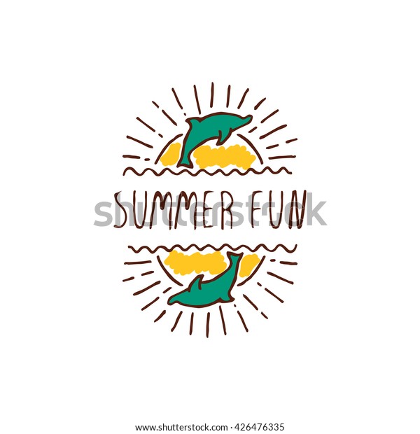 Hand-sketched summer element with dolphin and\
sun on white background. Text - Summer\
fun