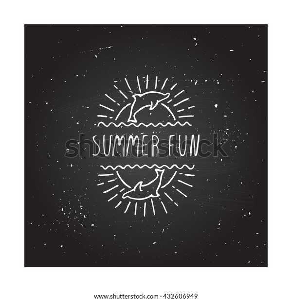 Hand-sketched summer element with dolphin\
and sun on blackboard background. Text - Summer\
fun