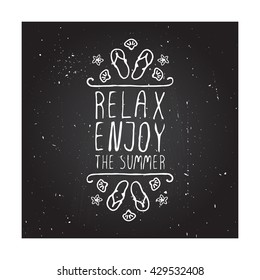 Hand-sketched summer element with flip flops and starfish on blackboard background. Text - Relax, enjoy the summer