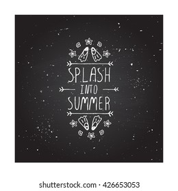 Hand-sketched summer element with flippers and starfish on blackboard background. Text - Splash into Summer