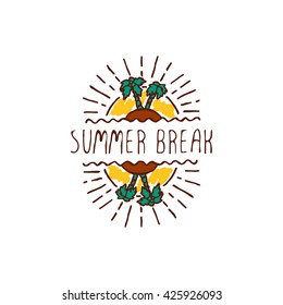Hand-sketched summer element with palm trees and sun on white background. Text - Summer break