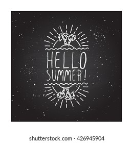 Hand-sketched summer element with palm trees and sun on blackboard background. Text - Hello Summer