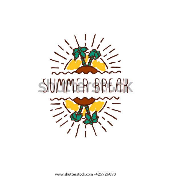 Hand-sketched summer element with palm trees\
and sun on white background. Text - Summer\
break