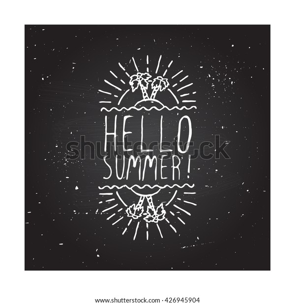 Hand-sketched summer element with\
palm trees and sun on blackboard background. Text - Hello\
Summer