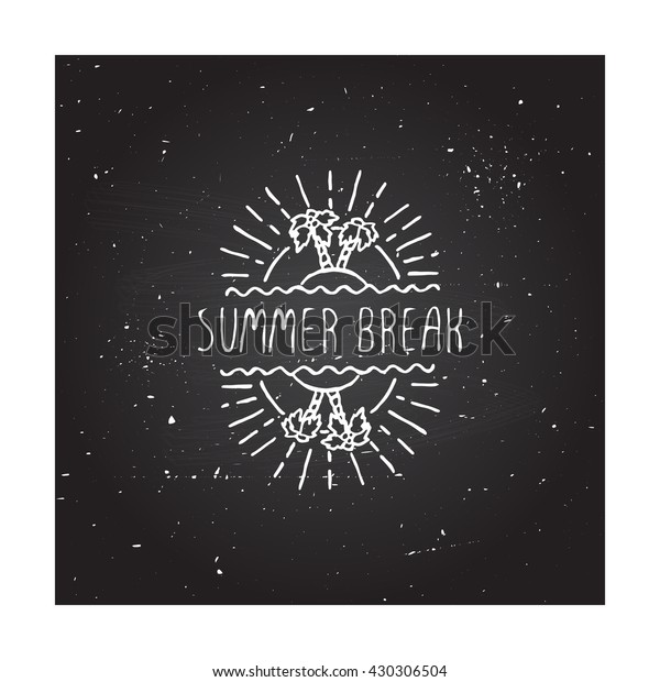 Hand-sketched summer element with\
palm trees and sun on blackboard background. Text - Summer\
break
