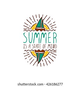 Hand-sketched summer element with sailing ship and sun on white background. Text - Summer is a state of mind