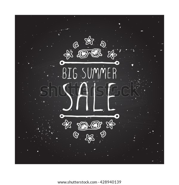 Hand-sketched summer\
element with sunglasses, shell and starfish on blackboard\
background. Text - Big summer\
sale