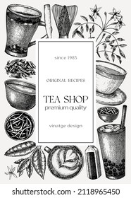 Hand-sketched tea drinks card or invitation template. Vintage teacups, glasses, leaves, flowers hand drawings frame. Tea beverages flyer design. Perfect for recipe, menu, label, packaging. 