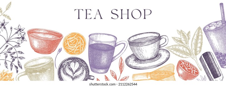 Hand-sketched tea drinks and ingredients banner in color. Vector sketches of hot beverage cups, dried leaves, jasmine blossoms background. Popular tea design for cafe or restaurant menu. 