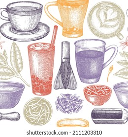 Hand-sketched tea drinks and ingredients seamless pattern. Vector backdrop with hot beverage cups, dried leaves, jasmine blossoms sketches. Popular tea background for cafe or restaurant menu design