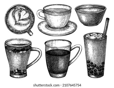 Hand-sketched tea mug illustrations collection. Vector sketches of hot drinks in glass teacups and glasses. Tea beverages drawings for cafe or restaurant menu design isolated on white.