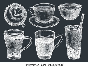 Hand-sketched tea mug illustrations set on a chalkboard. Vector sketches of hot drinks in glass teacups and glasses. Tea beverages drawings for cafe or restaurant menu design. 